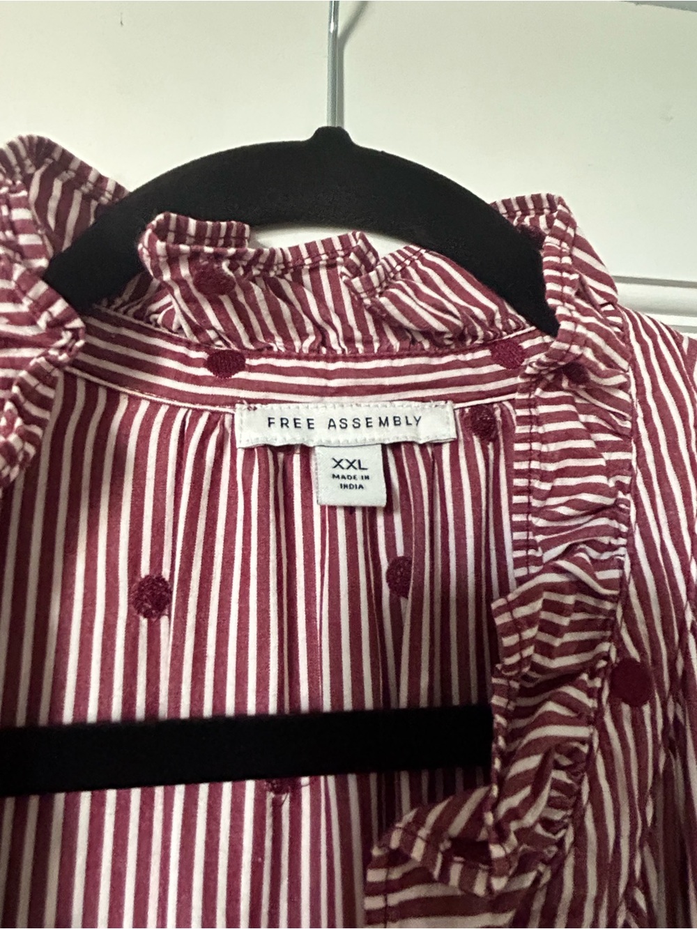 Striped Burgundy Midi Dress with Tie Waist and Ruffle Collar - Picture 2 of 5